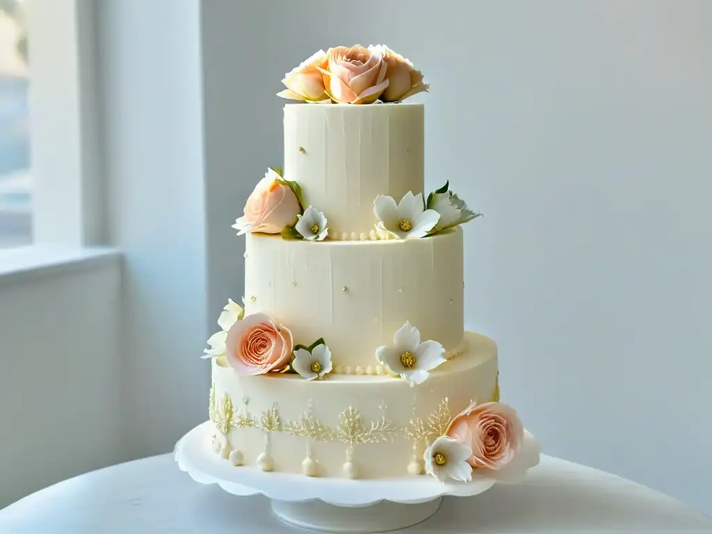 Exquisita tarta de bodas de tres pisos con decoración en encaje, flores de azúcar y detalles dorados, sobre base de mármol