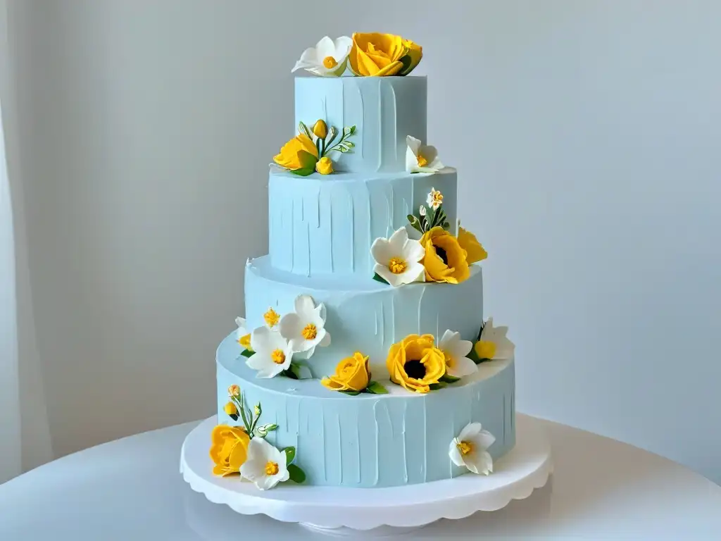 Exquisita tarta de bodas de tres pisos con decoraciones detalladas y dorado comestible en soporte blanco, obra de maestro pastelero