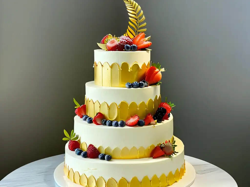 Exquisita tarta de capas con hoja de oro y bayas frescas, en pedestal de mármol moderno