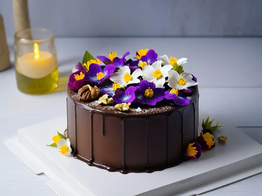 Exquisita tarta de chocolate con aceite de nuez, decorada con nueces y flores comestibles