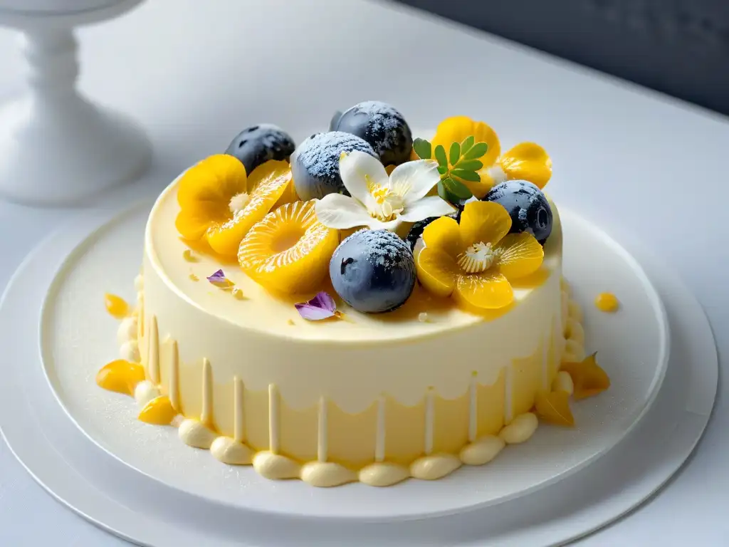 Exquisita tarta de chocolate blanco y pasión con decoración floral y elegante presentación