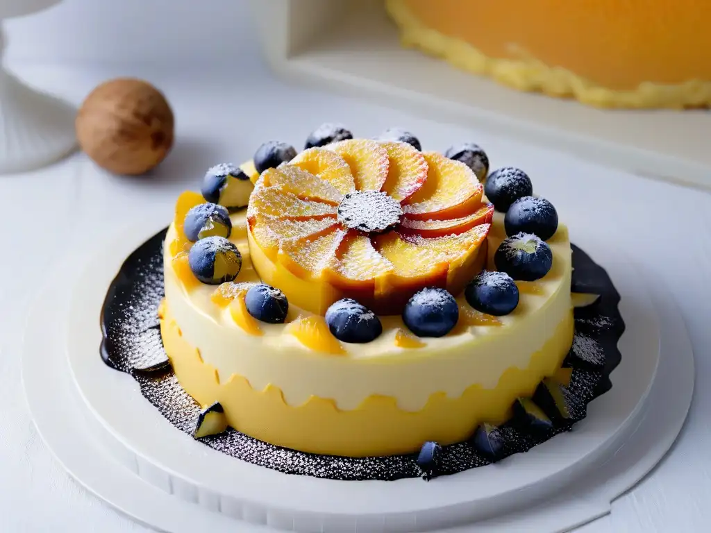 Exquisita tarta de chocolate blanco y pasión, decorada con pasión, chocolate blanco y azúcar glass