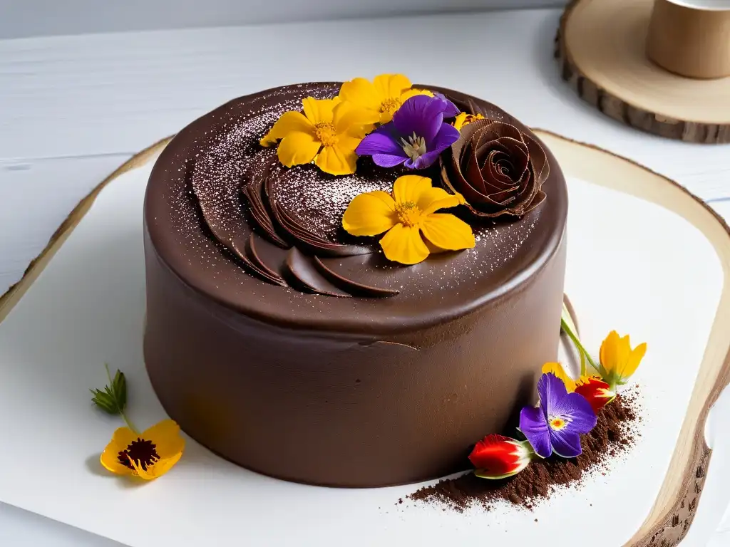 Exquisita tarta de chocolate decorada con cacao de Comercio Justo y flores comestibles, en elegante plato blanco