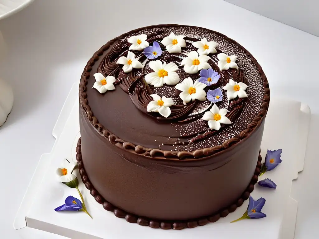 Una exquisita tarta de chocolate con decoración detallada y flores comestibles, destacando las reacciones químicas en repostería