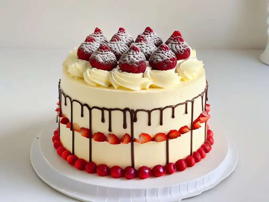 Exquisito tiramisú artesanal con chocolate y frambuesas Una exquisita tarta tiramisú clásica en festivales, decorada con virutas de chocolate y frambuesas frescas en un soporte blanco