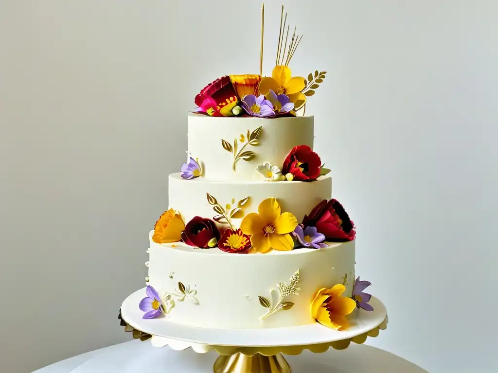 Exquisita tarta de cumpleaños de tres pisos con decoración floral y detalles dorados sobre soporte moderno