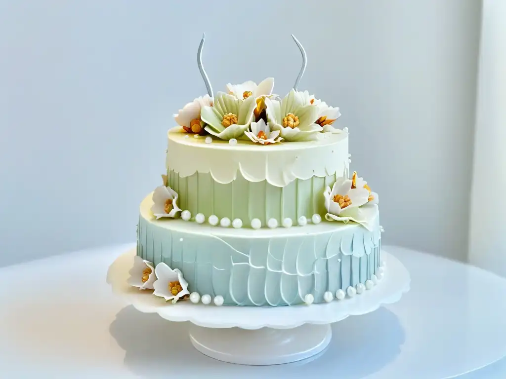 Exquisita tarta decorada con detalle en fondant, flores de azúcar y perlas comestibles, sobre un soporte de mármol blanco