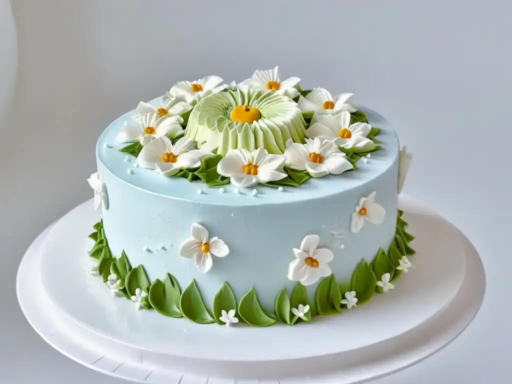 Exquisita tarta decorada con detalle y elegancia en un soporte blanco, muestra la destreza de un chef pastelero