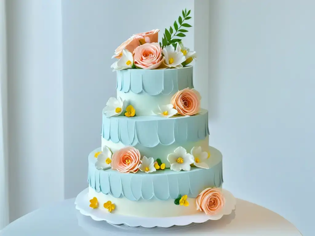 Exquisita tarta decorada con detalles en tonos pastel y flores de azúcar
