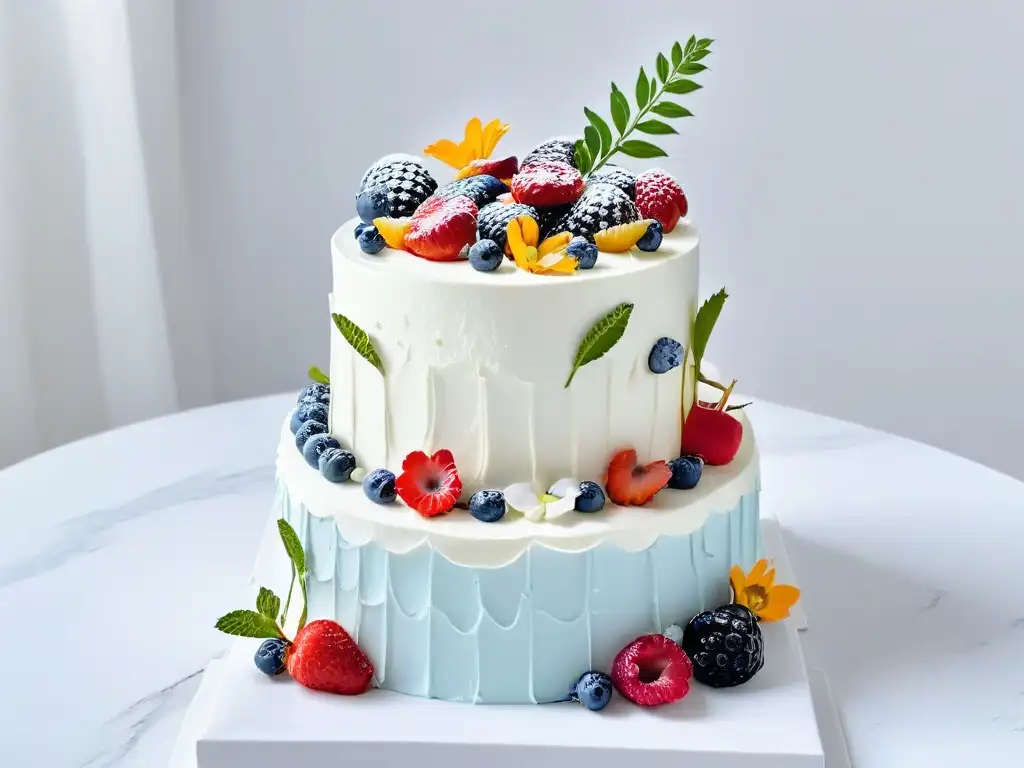 Exquisita tarta decorada con detalles delicados y rodeada de flores frescas, sobre mesa de mármol blanco