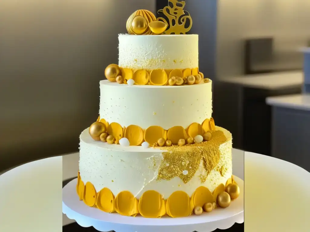 Exquisita tarta decorada con detalles en oro comestible, destaca la artesanía de la pastelería