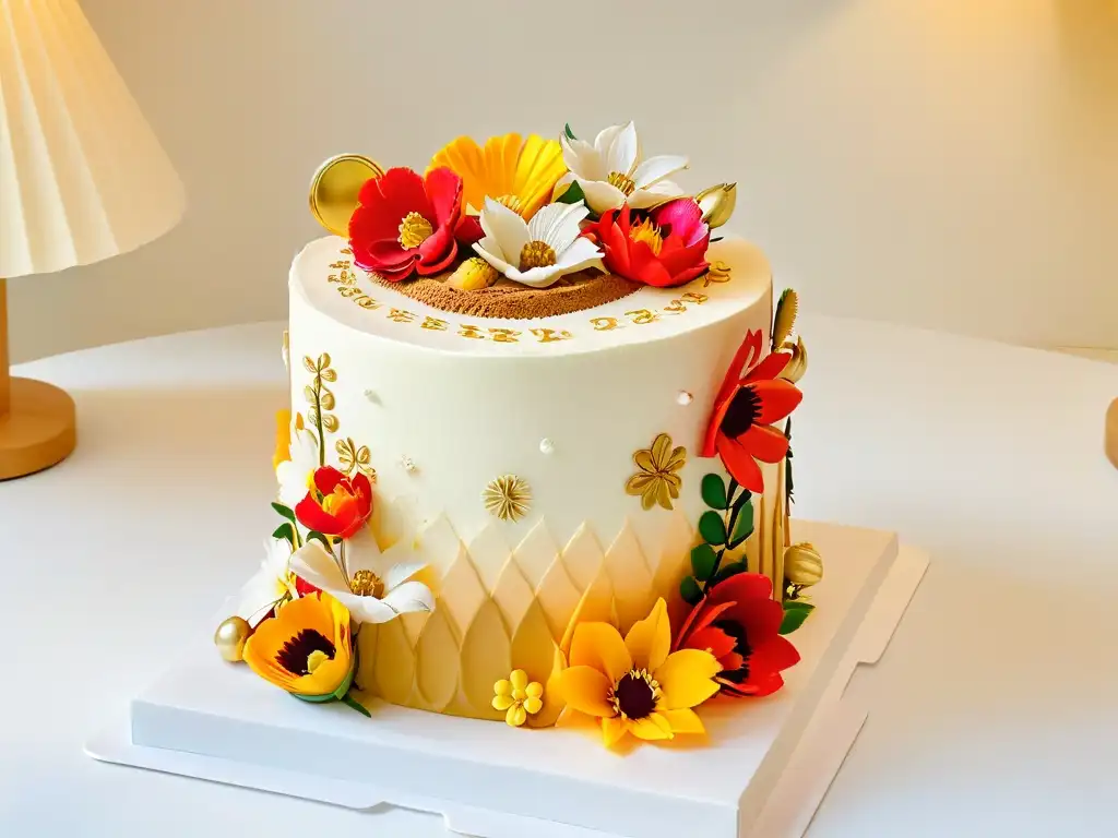 Exquisita tarta decorada con detalles globales y elegantes adornos dorados, en tendencia de repostería clásica