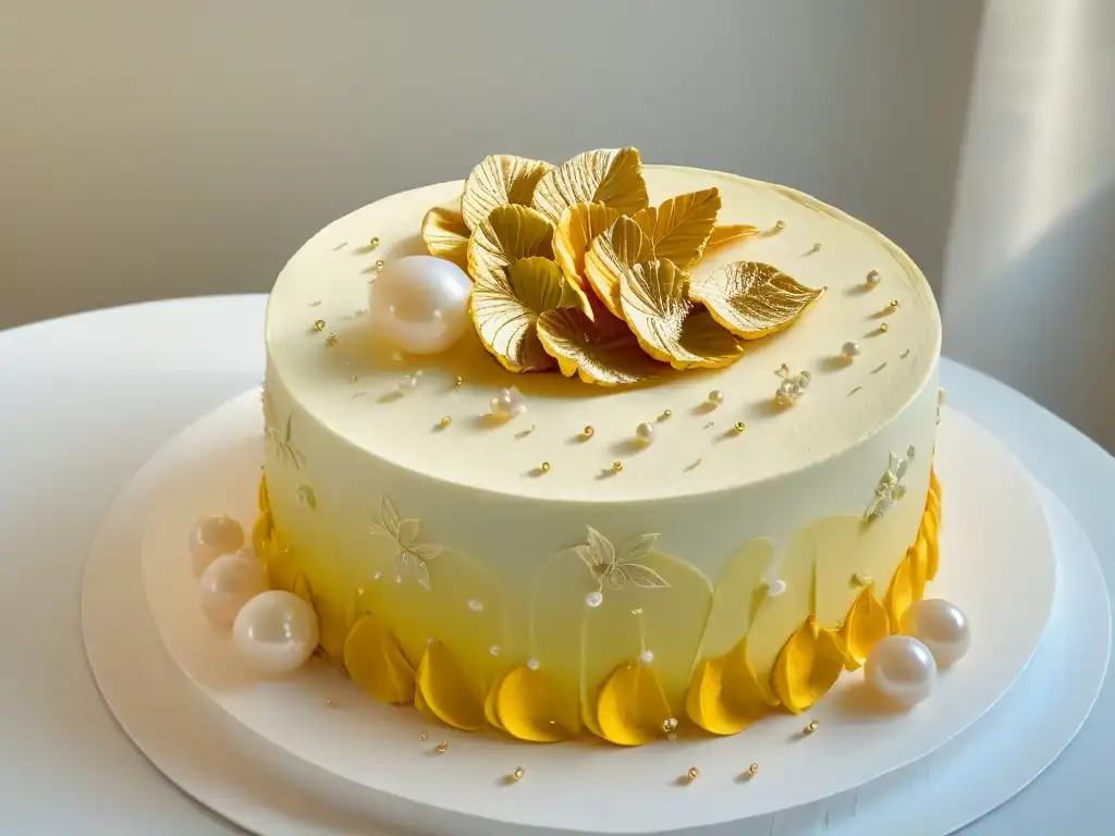 Una exquisita tarta decorada con detalles de oro y perlas comestibles