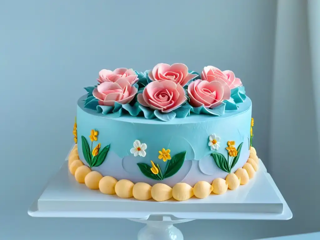 Una exquisita tarta decorada con detalles florales en tonos pasteles sobre un soporte blanco, inspiración de Consejos Pinterest pastelería creativa