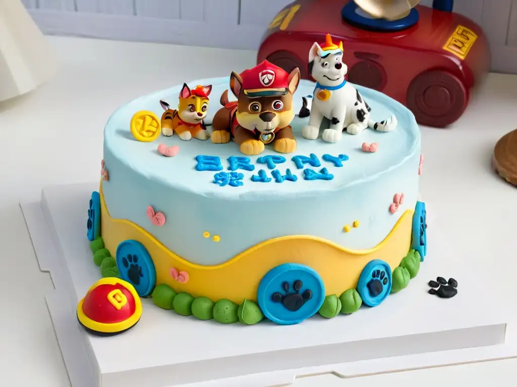 Exquisita tarta decorada con figuras de Paw Patrol: Chase, Marshall, Skye y Rubble, rodeadas de huellas y huesos, en fondo blanco