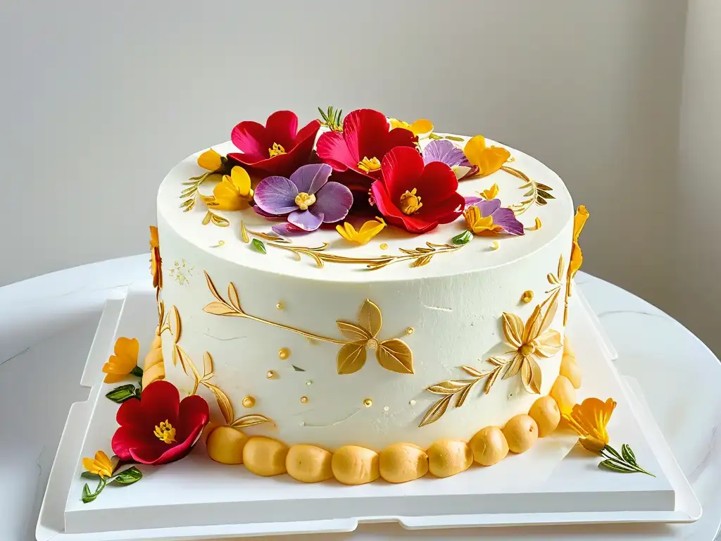 Exquisita tarta decorada con flores y detalles dorados en mármol blanco