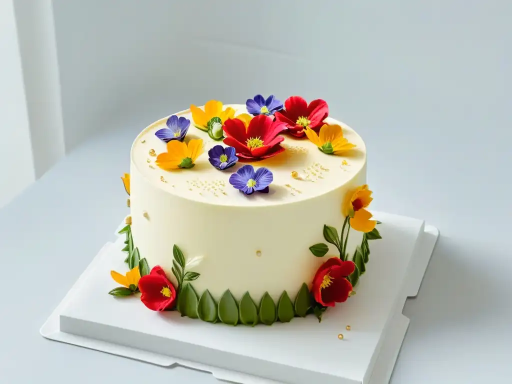 Una exquisita tarta decorada con flores comestibles y detalles en oro, representando la creatividad de concursos de repostería inusuales en el mundo