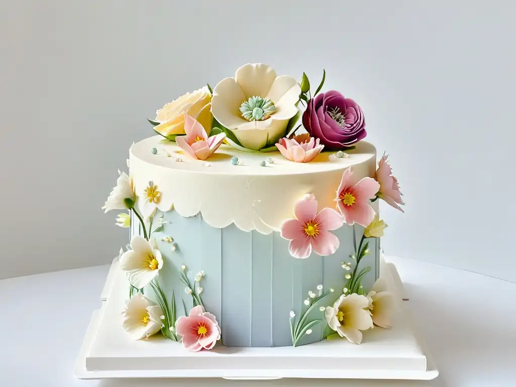 Exquisita tarta decorada con flores de azúcar en tonos pastel