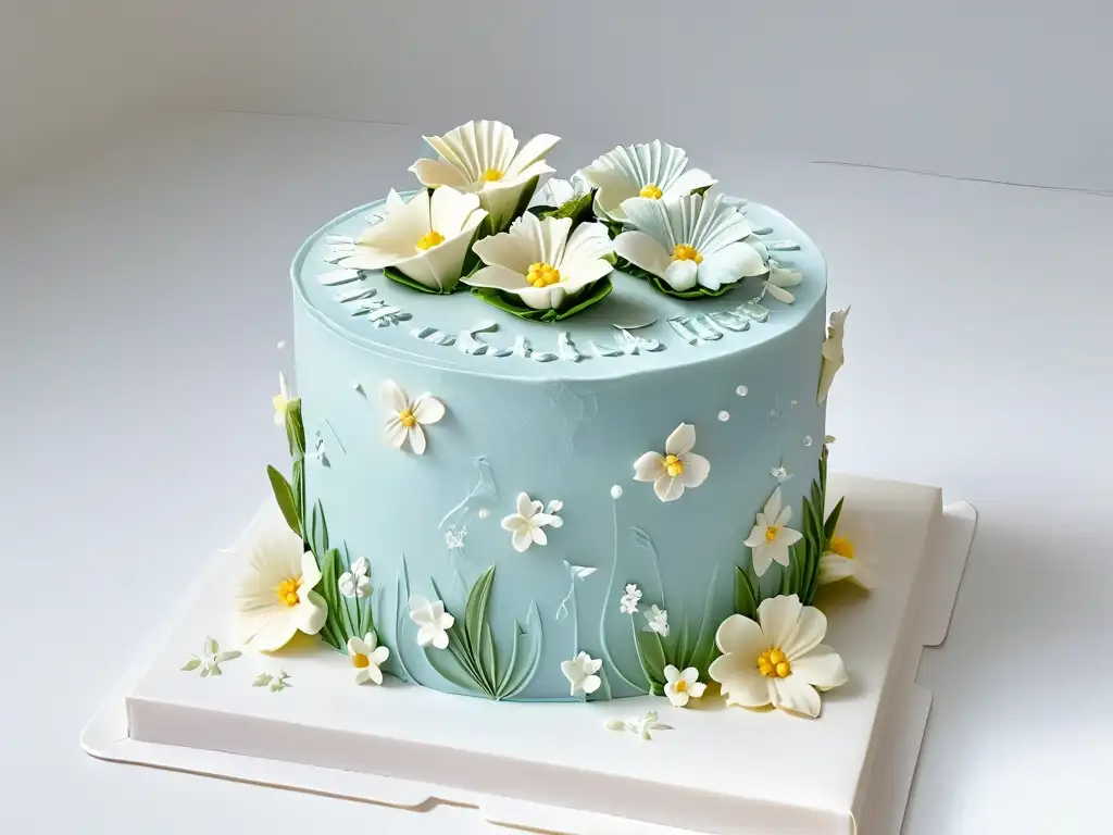 Exquisita tarta decorada con flores de azúcar y detalles elegantes en tonos pastel