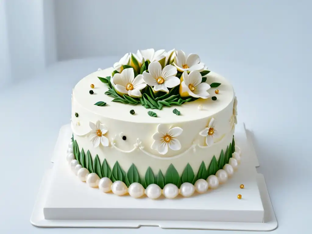 Exquisita tarta decorada con flores de fondant y perlas comestibles, sobre un elegante soporte, ideal para concursos de repostería