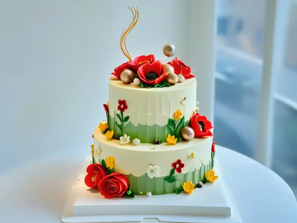 Exquisita tarta decorada con flores de fondant y detalles de repostería finos, en mesa blanca