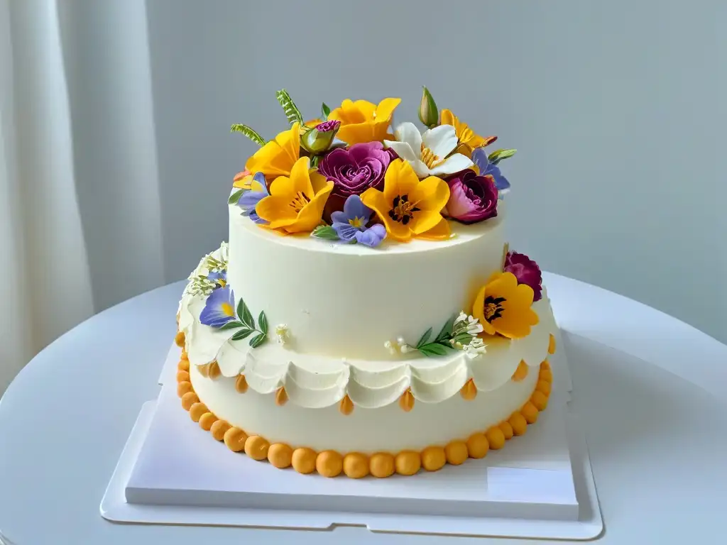 Una exquisita tarta decorada con flores comestibles y detalles en oro, sobre un elegante mostrador de mármol blanco