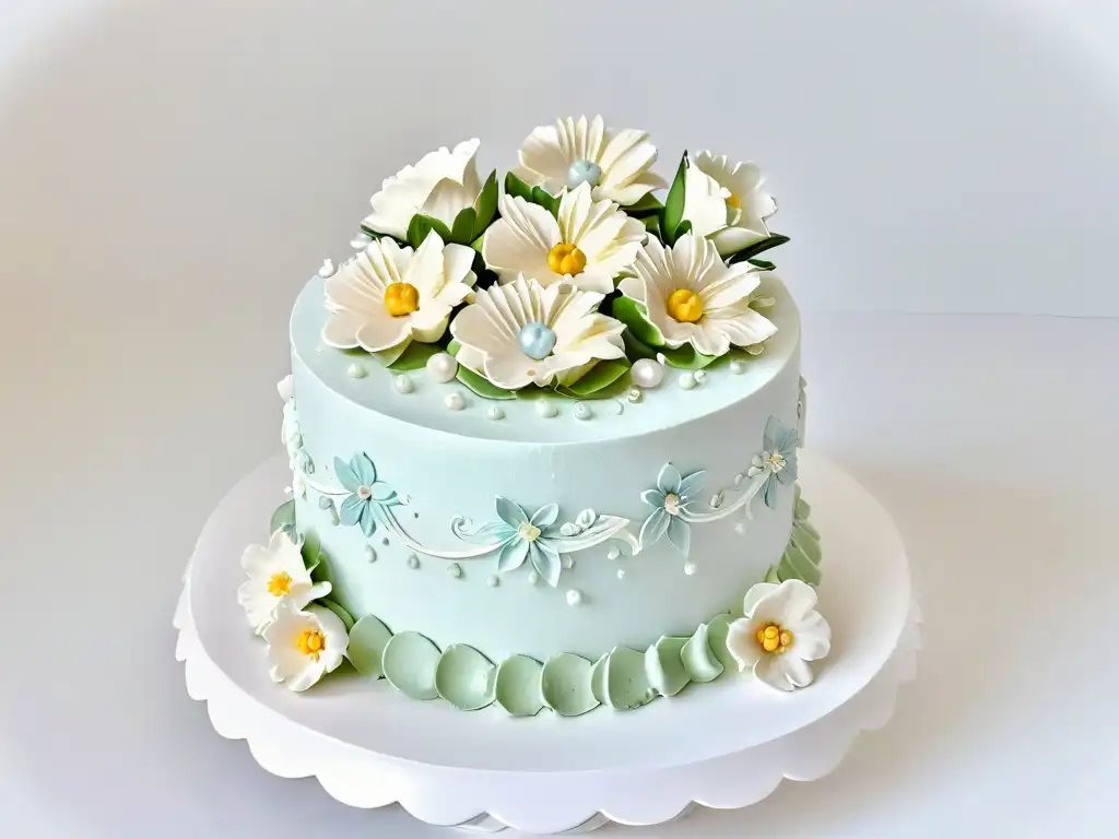 Exquisita tarta decorada en fondant con flores de azúcar y detalles elegantes