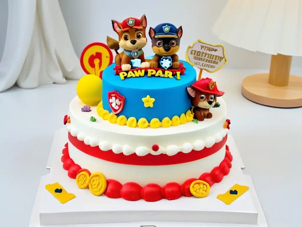 Una exquisita tarta decorada con los personajes de Paw Patrol en fondant, colores vibrantes y detalles precisos, en un elegante soporte blanco