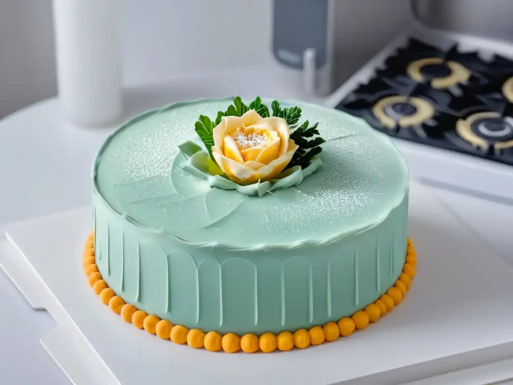 Exquisita tarta decorada con precisión sobre placa de inducción en repostería