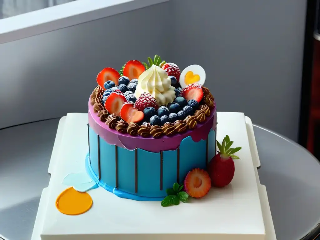 Exquisita tarta decorada con Realidad Aumentada en vibrantes colores y texturas realistas