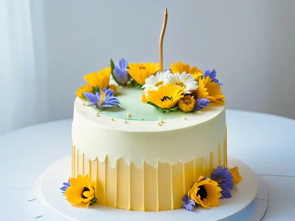 Pastel decorado con flores: sofisticación y creatividad Una exquisita tarta decorada rodeada de flores coloridas, muestra detalles intrincados y artesanía delicada