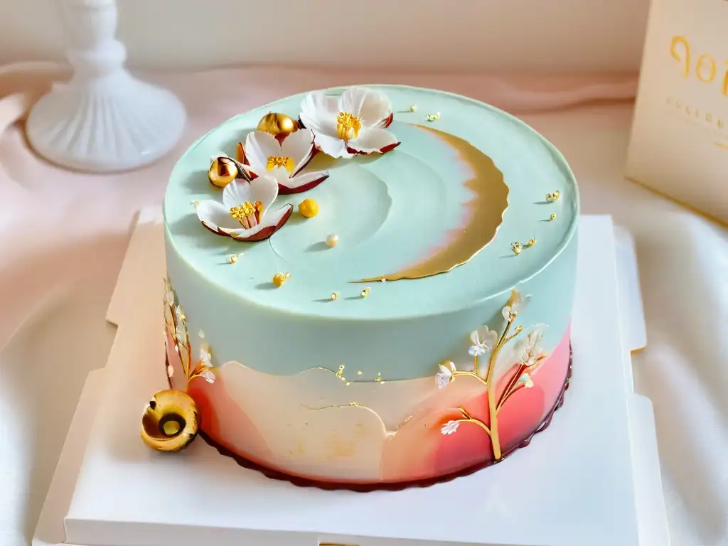 Una exquisita tarta de fusión con decoración detallada, hojas de oro y flores de cerezo, reflejando la luz