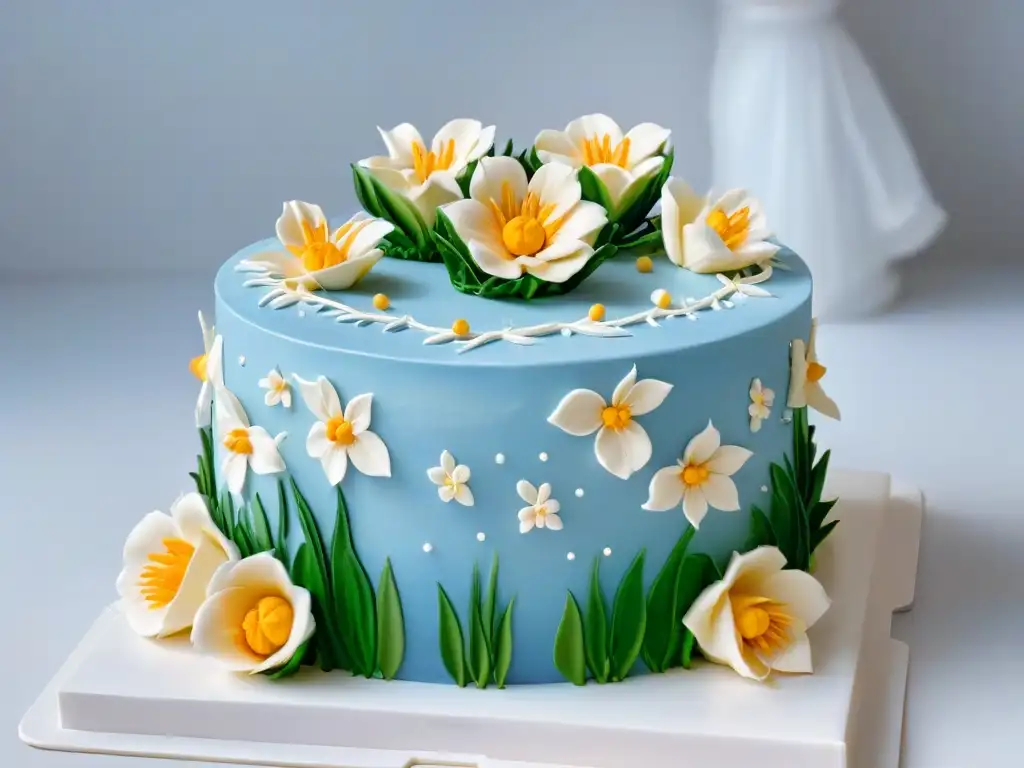 Exquisita tarta de fondant con decoraciones florales y diseños elaborados, reflejando la maestría de la repostería avanzada