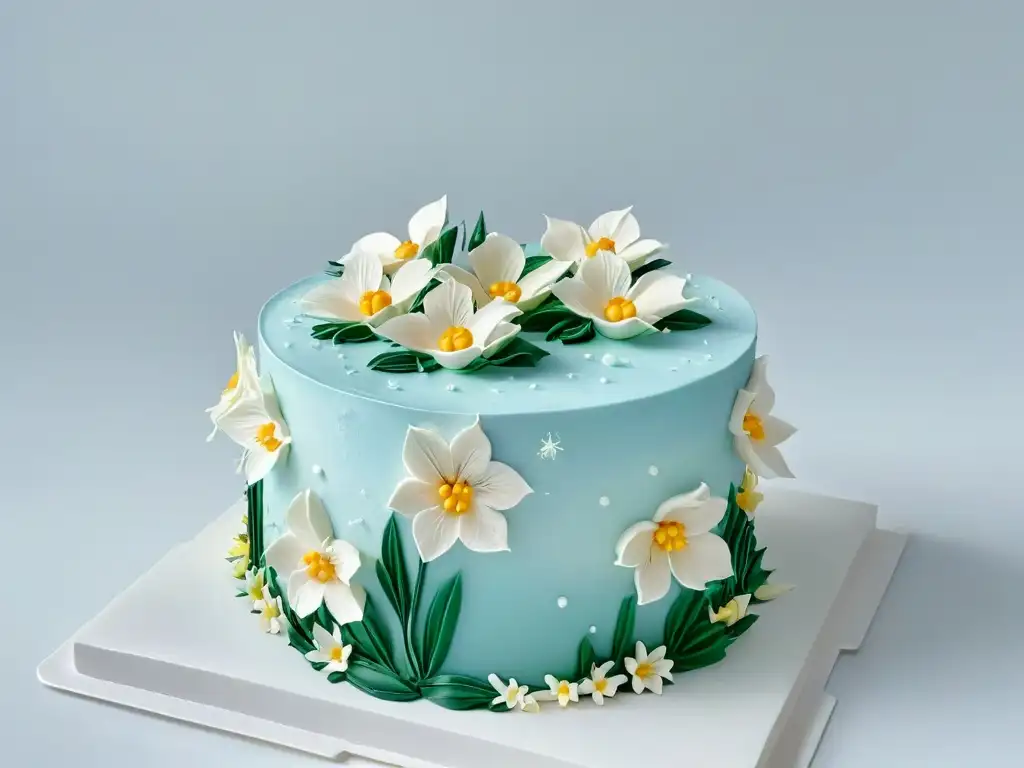 Exquisita tarta de fondant con flores de azúcar en tonos pastel sobre un soporte blanco moderno