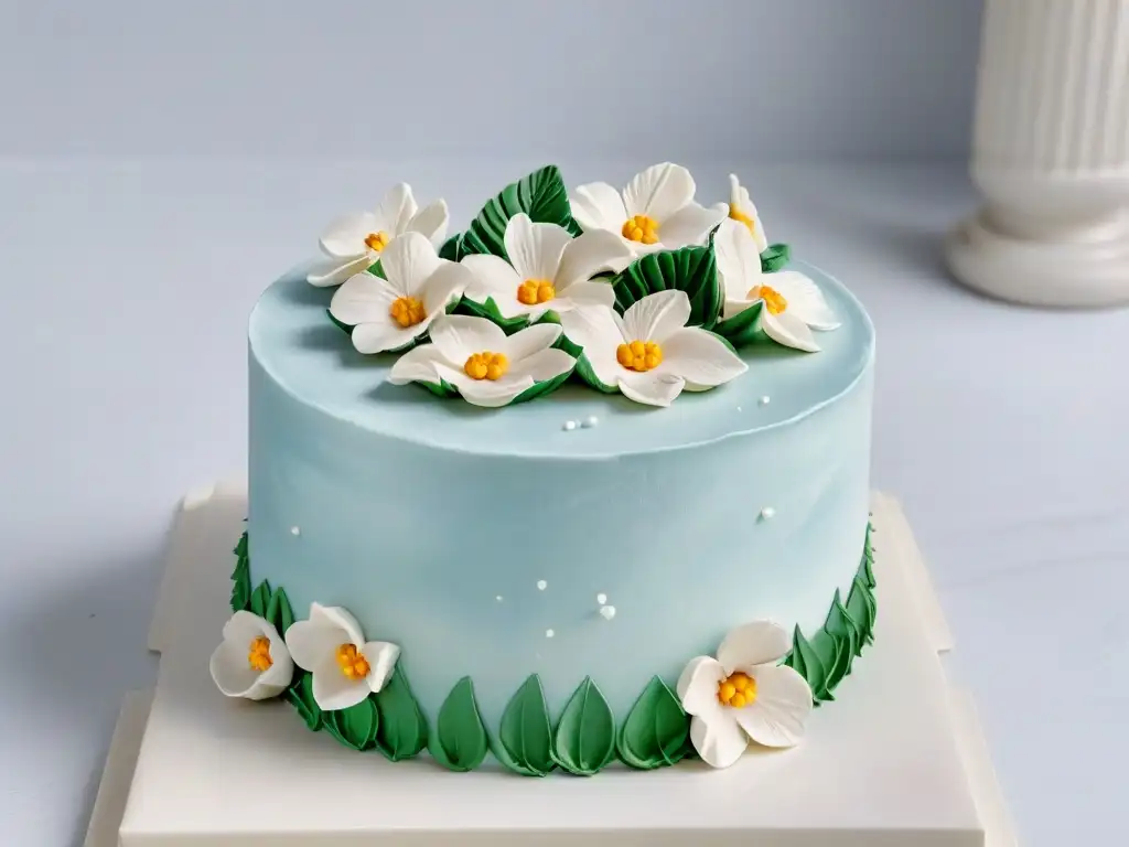 Exquisita tarta de fondant con flores de azúcar en tonos pastel, sobre encimera de mármol, iluminada suavemente
