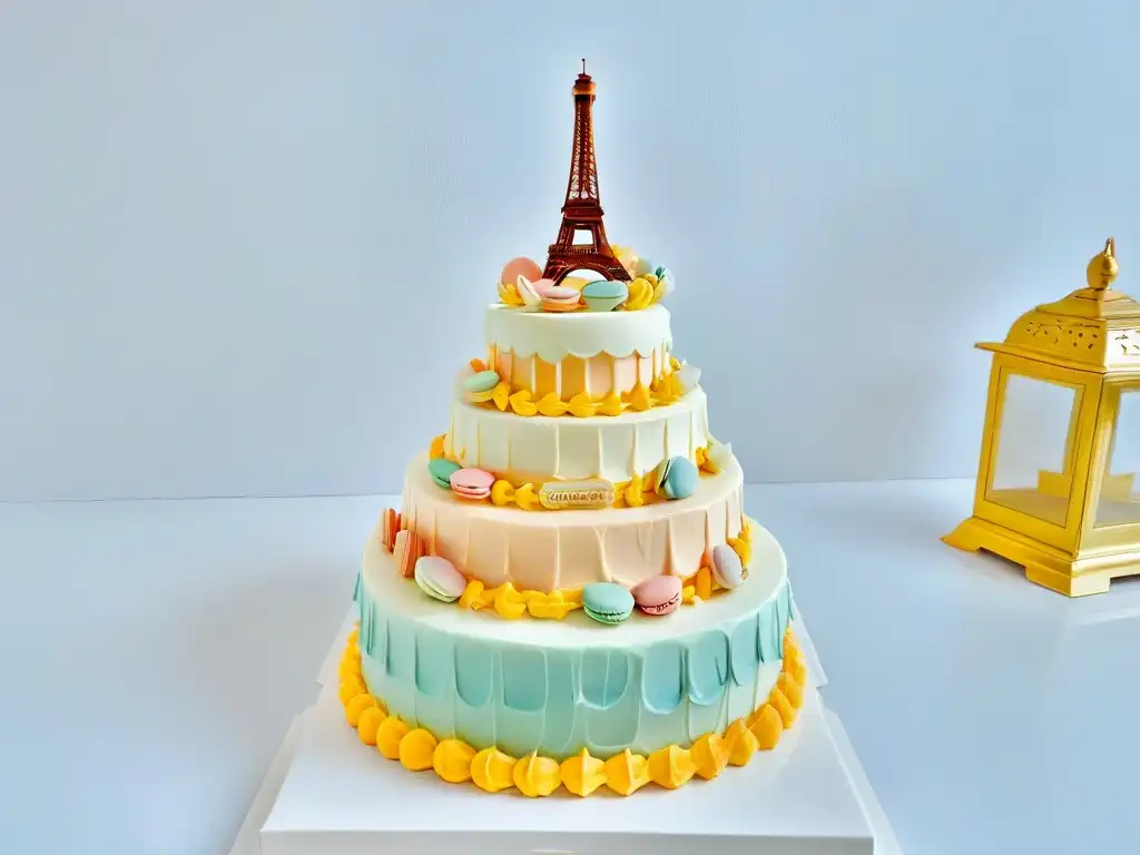 Exquisita tarta con forma de Torre Eiffel decorada con macarons en tonos pastel, evocando la sofisticación de la repostería francesa en París