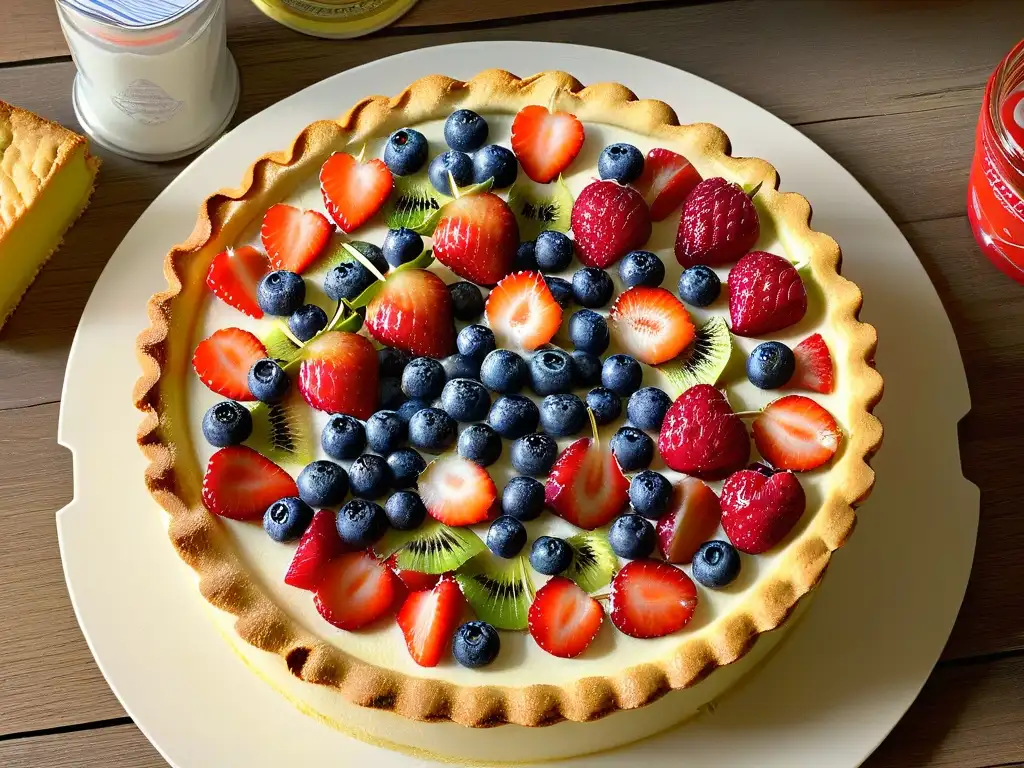 Exquisita tarta de frutas de alta gama con fresas, arándanos, frambuesas y kiwi sobre crema de vainilla, en base dorada y mantecosa