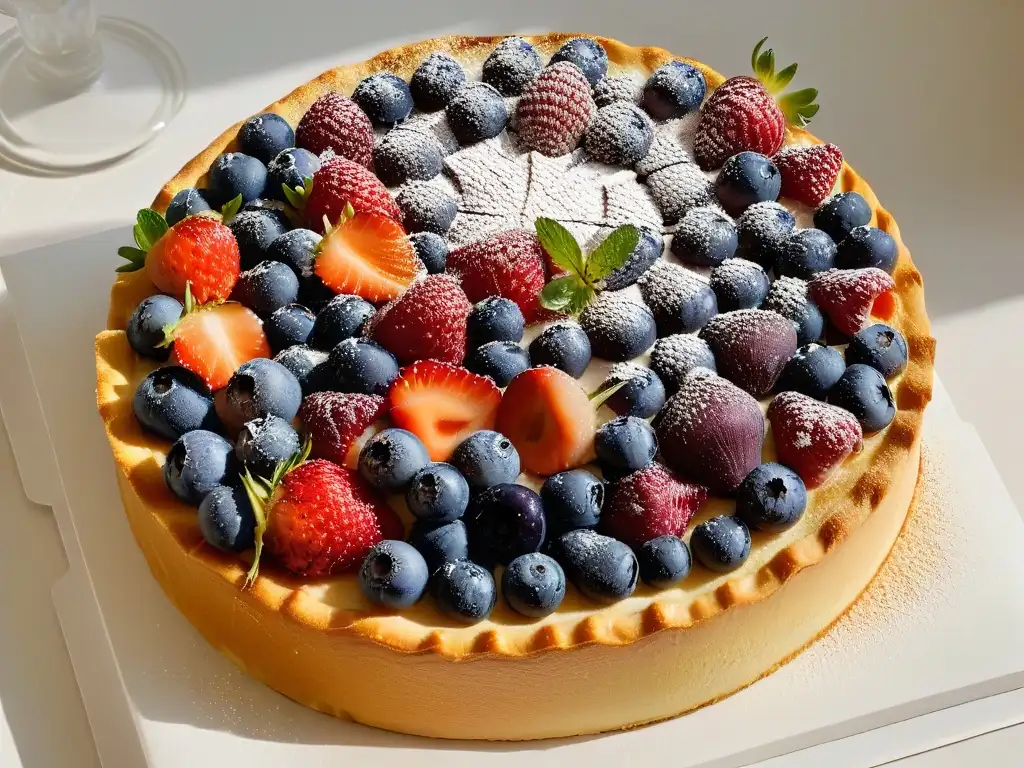 Una exquisita tarta de frutas de alta gama con fresas rojas, arándanos y frambuesas, una obra de arte deliciosamente detallada