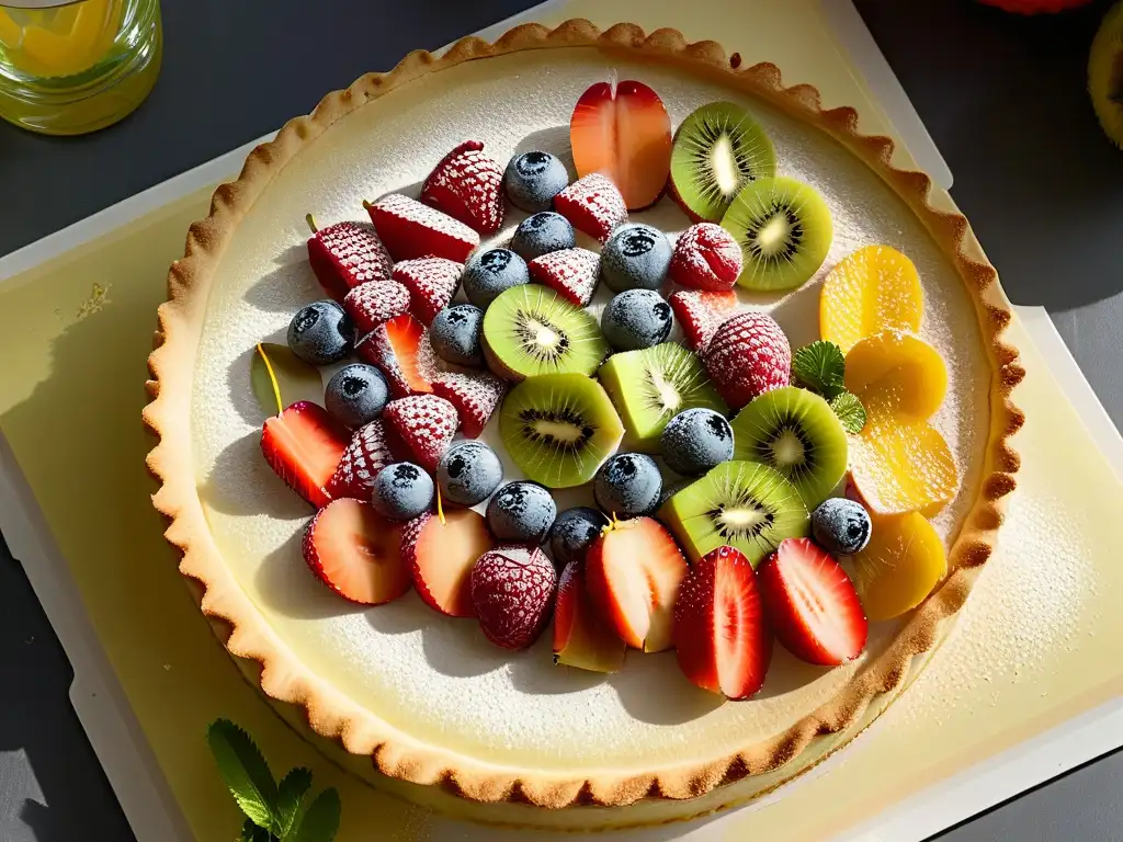 Una exquisita tarta de frutas de alta gama con bayas, kiwi y durazno en una base dorada y elegante