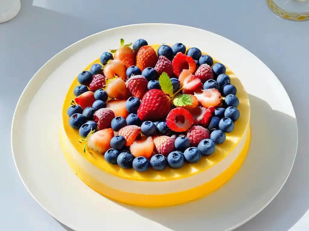 Exquisita tarta de frutas alta gama con capas vibrantes y frescas, adornada con detalles meticulosos y colores llamativos