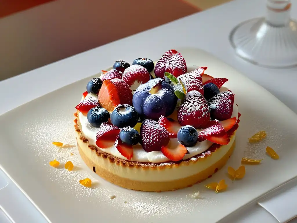 Exquisita mini tarta de frutas con detalles finos y presentación elegante en cocina pastelería boutique