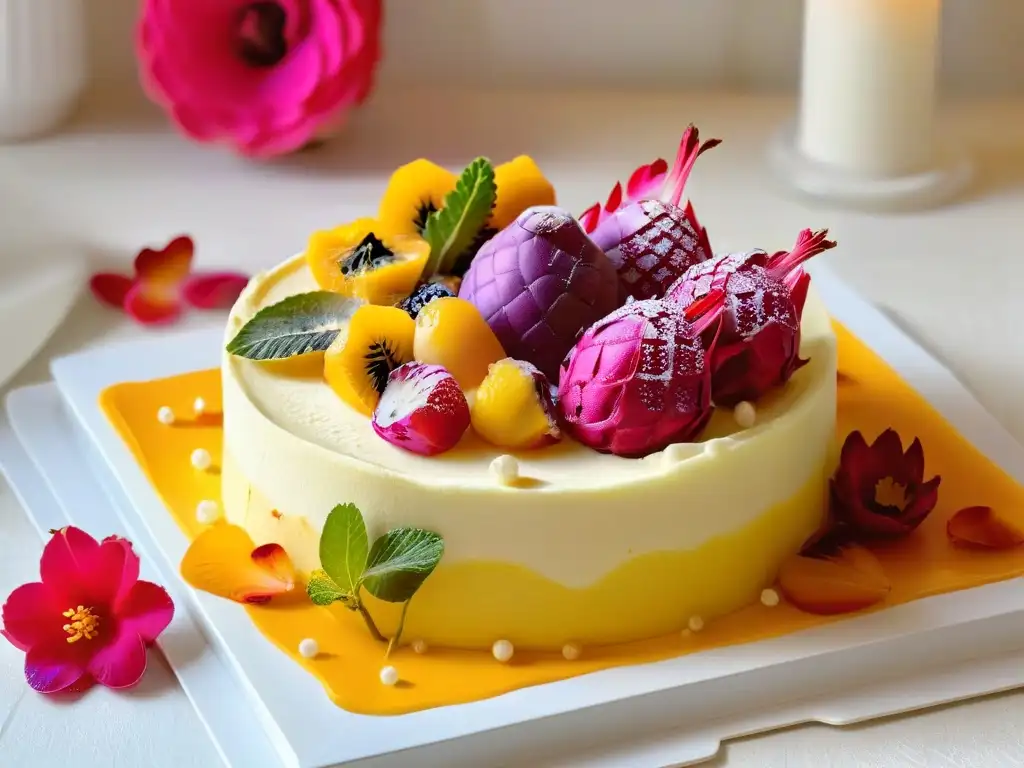 Exquisita tarta de frutas exóticas con ingredientes exóticos repostería alta gama