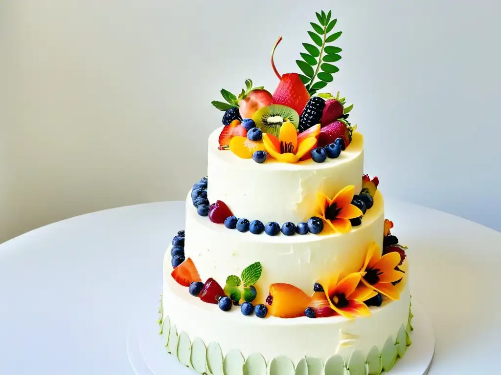 Una exquisita tarta con frutas frescas y flores comestibles, reflejando la repostería consciente y el no desperdicio alimentario