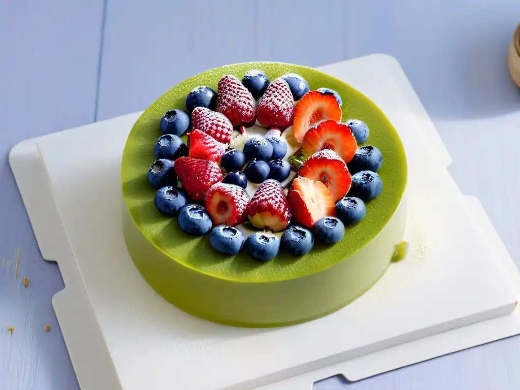 Una exquisita tarta de frutas perfecta de lujo, con fresas, arándanos, kiwis y frambuesas sobre una base dorada
