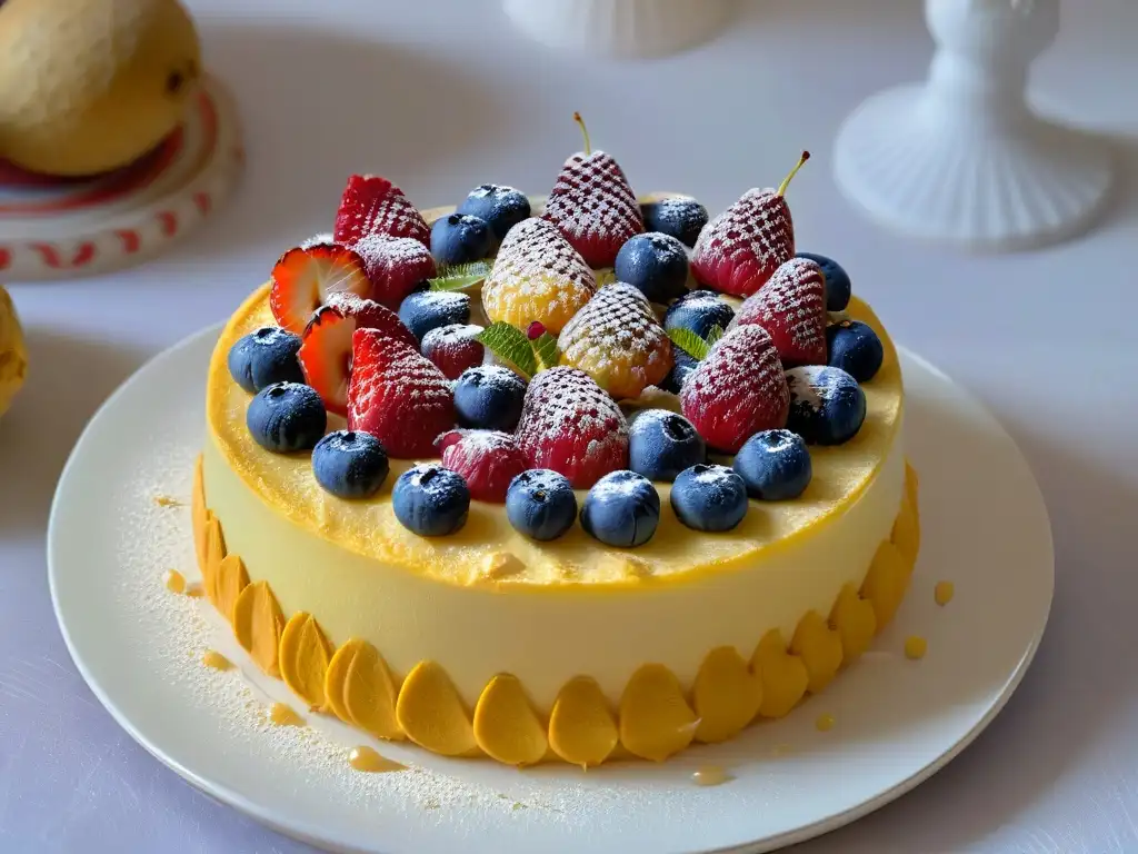 Una exquisita tarta de frutas perfecta de lujo, con frutas frescas y vibrantes en un plato de porcelana dorado