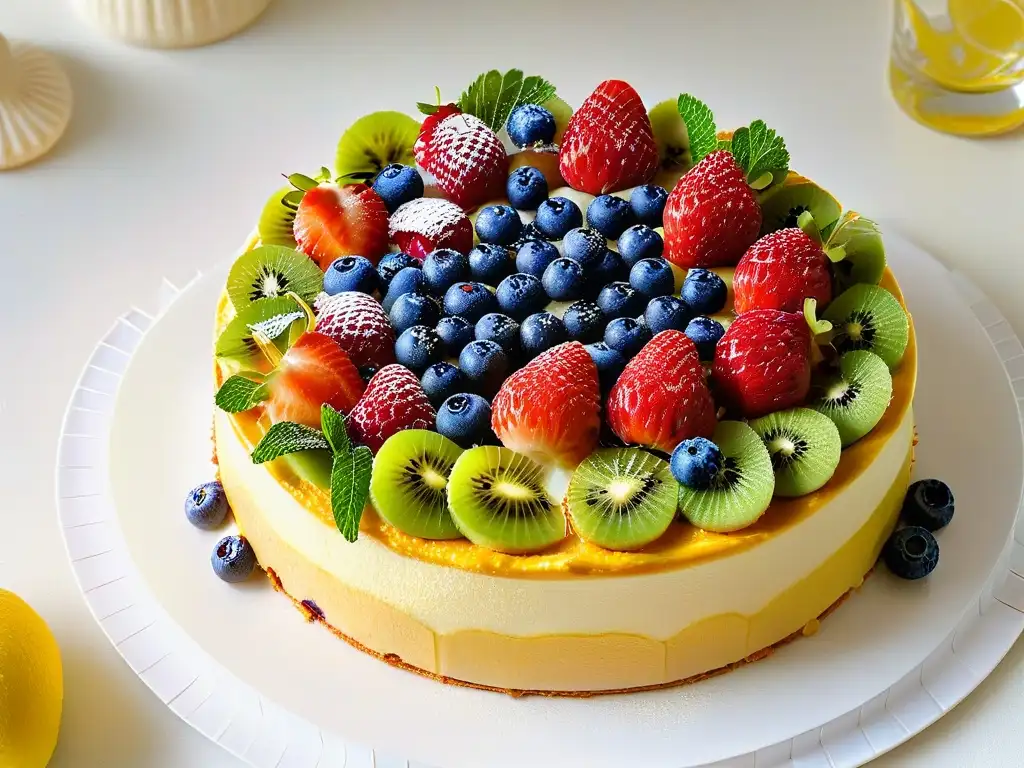 Una exquisita Tarta de Frutas perfecta lujo con frutas frescas vibrantes y brillo sutil, sobre una elegante vajilla blanca