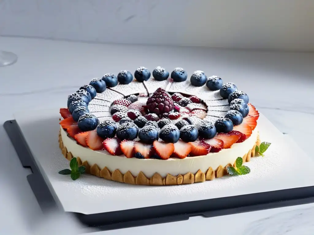 Una exquisita tarta de frutas saludable y de alta gama, decorada con detalle y elegancia