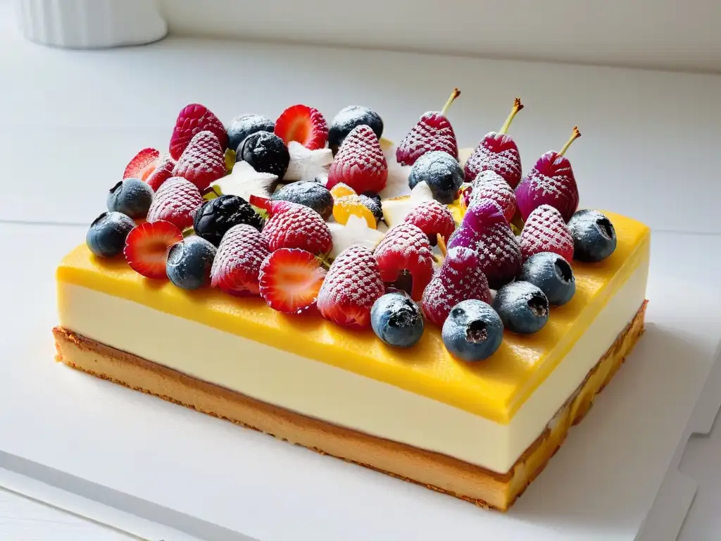 Una exquisita tarta de frutas vibrante y colorida, perfecta para recetas de repostería sin alérgenos