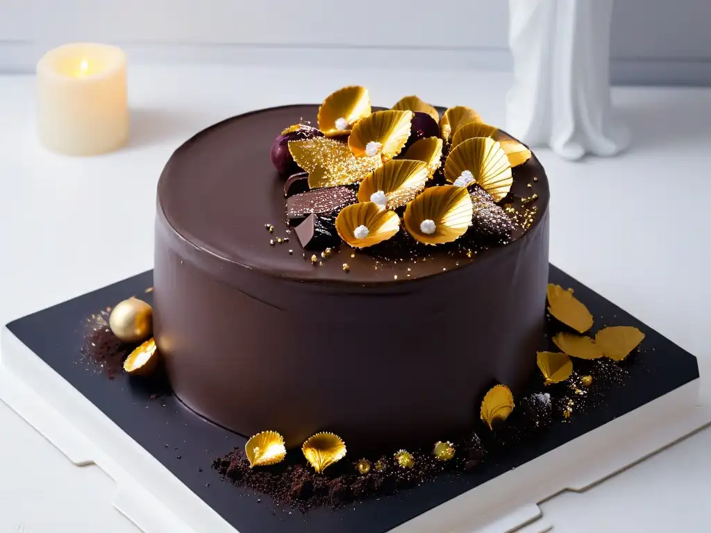 Exquisita tarta de ganache de chocolate con hojas de oro comestibles