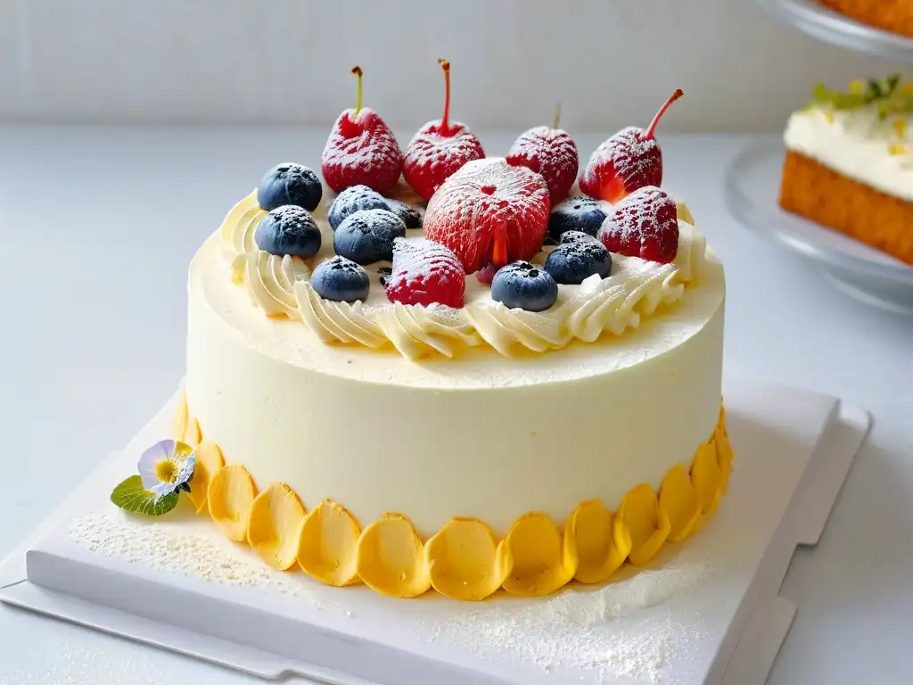 Una exquisita tarta sin gluten con crema y frutos rojos sobre un soporte blanco moderno